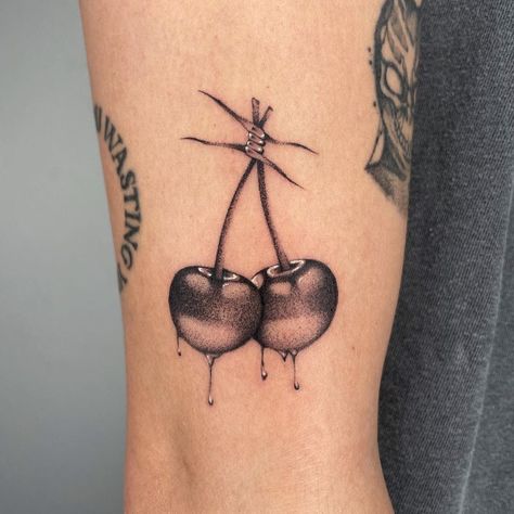 Ruby The Cherry Tattoos, Skull Cherries Tattoo, Cherry Bomb Tattoo, Bomb Tattoo, Bum Tattoo, Fruit Tattoo, Chain Tattoo, Cherry Tattoos, Flame Tattoos