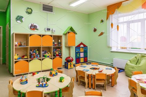 Kindergarten, game room. by Dreamer63 on @creativemarket Daycare Interior Design, Day Care Room Ideas, Kids Ministry Rooms, Daycare Room Ideas, Kindergarten Game, Kids Church Rooms, Home Daycare Ideas, Daycare Rooms, Kindergarten Interior