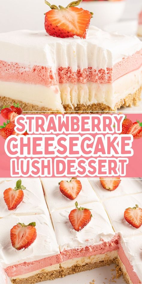 This layered Strawberry Cheesecake Lush is a lusciously creamy and completely addicting dessert. Layers of graham cracker crust, no bake vanilla cheesecake layer, strawberry Jello, and whipped cream. Strawberry Squares Recipes, Strawberry Heaven Dessert, Jello No Bake Cheesecake Recipes, Strawberry Cheesecake Lush Recipe, Strawberry Lush Dessert, Graham Cracker Crust No Bake, Strawberry Jello Cheesecake, Strawberry Lush, Strawberry Cheesecake No Bake