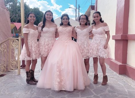 Dama dresses with boots Rose Gold Dama Dresses, Quince Dama Dresses, Gold Dama Dresses, Damas Dresses For Quince, Quince Chambelanes Outfits, Chambelanes Outfits, Sleeping Beauty Birthday Party, Blush Pink Decor, Damas Dresses