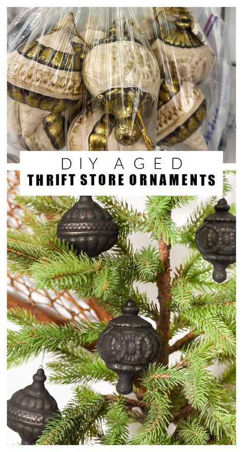 Antique Style Christmas Tree, Scottish Christmas Ornaments Diy, Goth Christmas Trees, How To Make Ornaments Look Vintage, Rusty Christmas Decor, Woodland Christmas Ornaments Diy, Thrift Christmas Decor, Diy Victorian Christmas Ornaments, Vintage Christmas Tree Decor