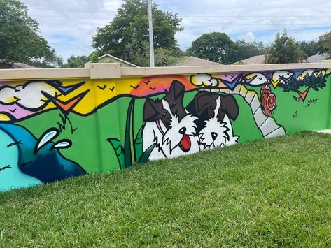 Dog Mural Ideas, Dog Mural, Dogs Painting, Mural Ideas, Mural Wall, Graffiti Wall Art, Dog Fence, Graffiti Wall, Dog Paintings