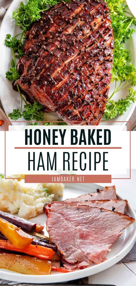 An easy Easter food idea packed with flavor using only 5 ingredients! Honey Baked Ham Recipe is the perfect addition to your dinner table. Whole cloves on top of the ham elevate it to an elegant level. This Easter recipe will leave the crowd in awe! Pin this for later! Cloves Recipes, Biscuit Recipes Dinner, Baked Ham Recipe, Honey Baked Ham Recipe, Ham Recipes Baked, Christmas Main Dishes, Ham Dinner, Roasted Ham, Honey Glazed Ham