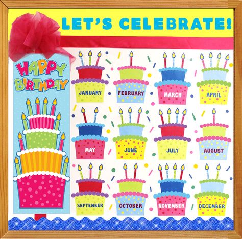 Make a Birthday Bulletin Board to celebrate all of your students' special days Happy Birthday Bulliten Board, Cupcake Bulletin Boards, Month Chart, Birthday Bulletin Board, Preschool Birthday, Valentine Bulletin Boards, Classroom Observation, Nursery Window, Birthday Board Classroom