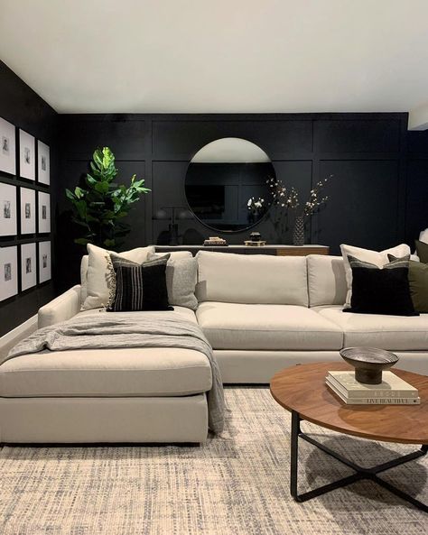 13 Rooms With Black Walls That'll Convince You To Try This Moody Hue In Your Home Black Walls Living Room, Moody Interior Design, Moody Living Room, Media Room Design, Modern Basement, Dark Living Rooms, Home Cinema Room, Basement Living Rooms, Black Living Room