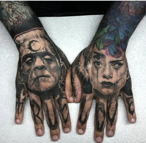 Dark Trash Realism, Mad Max Tattoo, Anrijs Straume, Frankenstein And His Bride, Bullet Tattoo, Frankenstein Tattoo, Horror Elements, Lion Hand Tattoo, Frankenstein And Bride