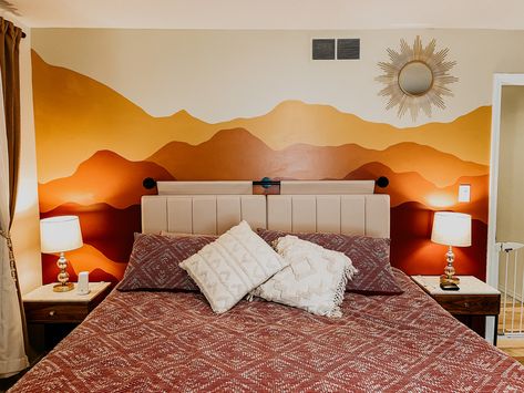 Boho Paint Walls, Light Orange Accent Wall, Western Accent Wall Paint, Bedroom Orange Walls, Orange Accent Wall Bedroom, Western Accent Wall, Accent Wall In Bedroom, Boho Accent Wall, Mcm Diy