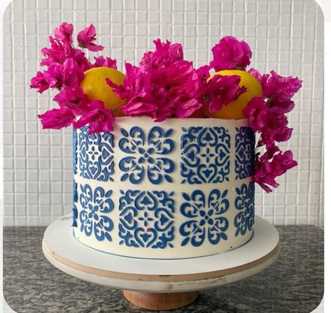 Greece Cake Theme, Papel Picado Cake, Clase Azul Cake, Talavera Cake, Mama Mia Cake, Santorini Party, Greek Party Theme, Blue Birthday Cakes, Birthday Cake For Mom