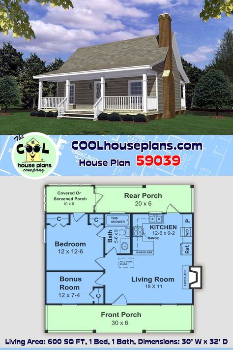 This is one of our most popular tiny home plans. This house plan offers 1 bedroom, 1 bathroom, a full kitchen, open to large living room with fireplace.  Porches on front and rear will shade the windows and help keep the rooms cooler.  Although not as small of some of our other tiny homes, at 600 square feet, this is a compact living space.  This design is commonly purchased as a getaway or vacation home design. A home away from home/second home.  House plans at COOL House Plans. #COOLhouseplans Tiny Homes Floor Plans, House Plans With Front Porch, Southern Style House, Southern Style House Plans, Southern House Plan, Porch House Plans, Southern House, Small House Floor Plans, Kitchen Open