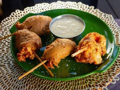 Shrimp Corn Dogs with Boili Recipe | Justin Warner | Food Network Seafood Boil Seasoning, Shrimp Corn, French 75 Cocktail, Best Deviled Eggs, Green Smoothie Bowl, Spring Baking, French 75, Seafood Boil, Guy Fieri