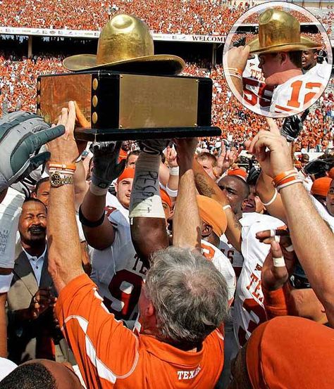 Golden Hat / Red River Rivalry. Texas Longhorns vs Oklahoma Sooners Trophy started in 1941. Ou Vs Texas Football, Ut Texas, Funny Trophies, Bp Table, Red River Rivalry, University Of Texas Football, Longhorn Football, Glen Powell Texas Longhorns, Ut Football