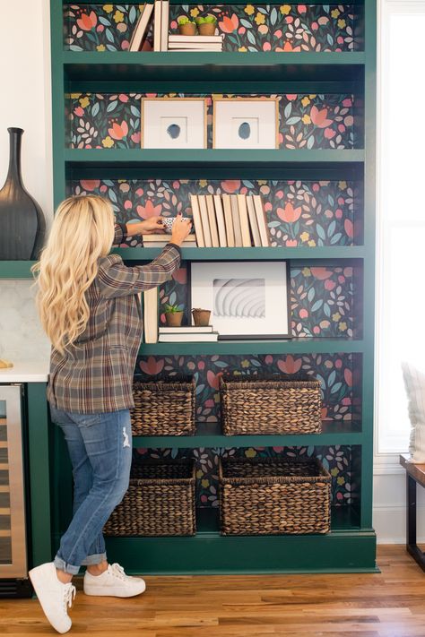 Painted Bookshelf With Wallpaper, Floral Wallpaper Behind Shelves, Bookshelf With Wallpaper Backing Living Room, Book Shelf Color Ideas, Built In Shelves Wallpaper, Painting Ideas For Bookshelves, Colorful Bookshelves Paint, Wallpaper In Bookcase, Wallpaper In Bookshelf