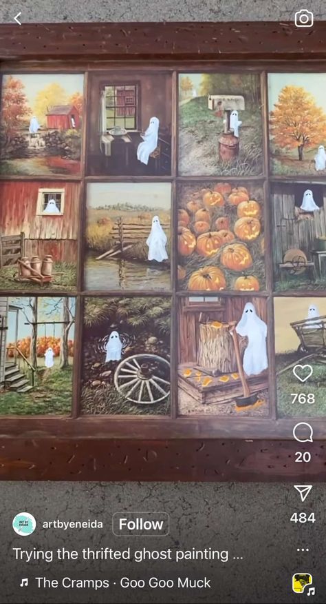 Halloween Ghost Trend Painting, Ghost Painting Trend Ideas, Old Paintings Turned Spooky, Spooky Painting Trend, Ghostie Painting, Ghost Painting Thrift Store, Thrifted Ghost Painting Trend, Spooky Thrift Store Painting, Thrifted Ghost Painting