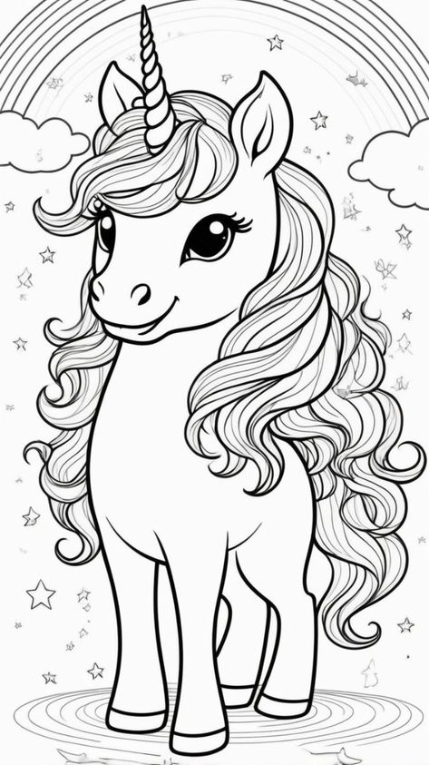 This delightful unicorn coloring page is perfect for kids! A simple black-and-white outline of a cute unicorn standing under a rainbow. Ideal for hours of coloring fun. 🦄 Kids Coloring Pages Free Download, Make your world more colorful with printable coloring pages. Our free coloring pages for adults and kids, range from Star Wars to Mickey Mouse. Unicorn Coloring Book, Drawing For Colouring Kids, Coloring Pages Cute Animals, Disney Coloring Pages Printables Free, Rainbow Colouring Pages, Cute Colouring In Pages, Simple Unicorn Drawing, Unicorn Drawing For Kids, Cute Unicorn Drawing