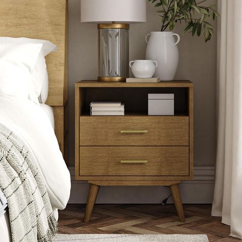 PRICES MAY VARY. Easy Device Charging- The end table is equipped with 2 USB ports, allowing you to charge your electronic devices simultaneously. Ample Storage Space- The nightstand comes with 1 open shelf and 2 spacious drawers that provide abundant storage space for all your essential items, ensuring everything you need is conveniently within arm's reach. Smooth Ball Bearing Glides- Equipped with ball-bearing glides, the drawers operate smoothly and quietly, promising durability and ease of ac Midcentury Nightstand, Bedroom Side Table Ideas, Drawer Mechanism, Storage Bedside Table, Elegant Nightstand, Nightstand Ideas, Bedside Essentials, Small Bedroom Furniture, Nightstand With Charging Station