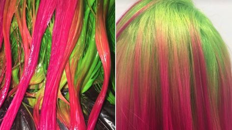 Slime Green Hair, Weird Hair Colors, Roots Hair Color, Pink Green Hair, Colored Roots, Pink And Green Hair, Vibrant Hair Color Ideas, Dyed Bangs, Neon Hair Color