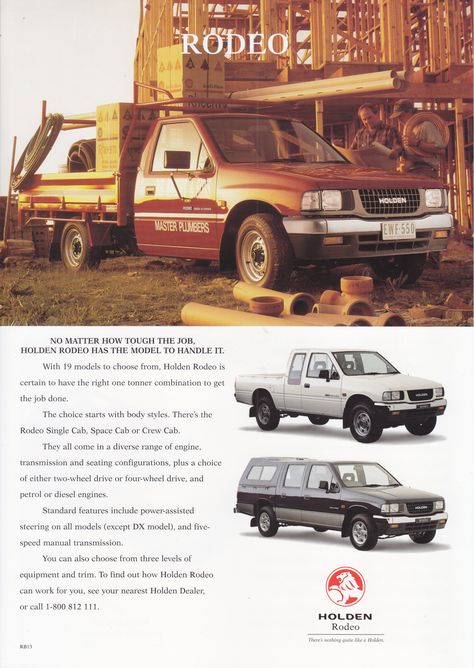 Holden Rodeo, leaflet, Australia, # AD10556 RB13 Holden Rodeo, Car Advertising, Japanese Cars, Get The Job, Body Style, Rodeo, Cars For Sale, Suv Car, Toy Car