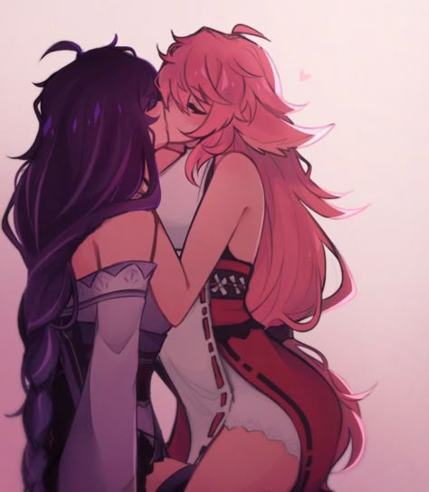 Yae Miko, Lesbian Art, Yuri Anime, I Love My Wife, Anime Girlxgirl, So In Love, Gay Art, Ship Art, Pretty Art