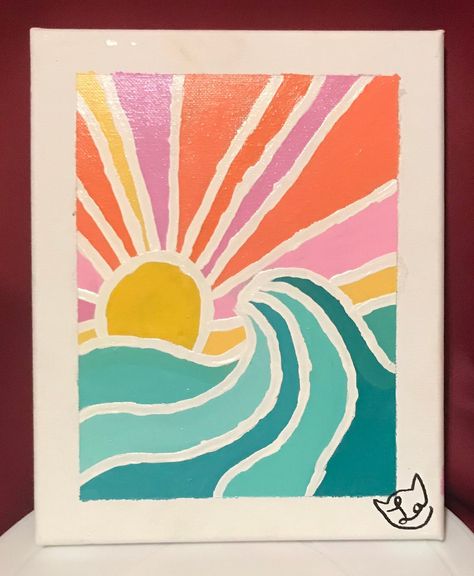 "This is a 8\" x 10\" Painting done with acrylic paint of a sunset over the ocean." Preppy Acrylic Painting Ideas, Stuff To Paint With Watercolor, Easy Paintings Summer, Ocean Paintings Acrylic, Cute Ocean Painting, Things To Draw And Paint On Canvas, Beach Theme Painting Ideas, Things To Paint Beginners, Acrylic Painting Ideas Easy Simple