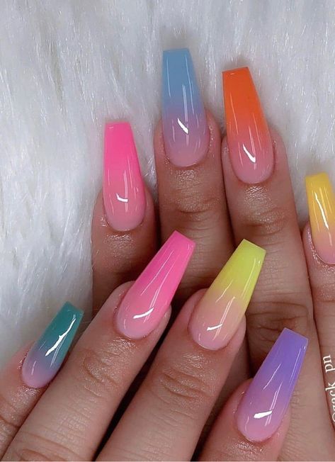 Coffin Rainbow Nails, Nail Magic, Wave Nails, Unghie Sfumate, Acrylic Ideas, Ombre Acrylic Nails, Colorful Nails, Cute Acrylic Nail Designs, Blue Nail