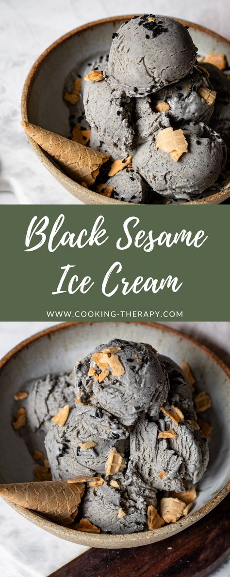 Sesame Ice Cream Recipe, Black Sesame Ice Cream Recipe, Japanese Ice Cream Recipes, I've Cream Recipes, Asian Ice Cream Flavors, Savory Ice Cream, Black Sesame Recipes, Asian Ice Cream, Sesame Dessert