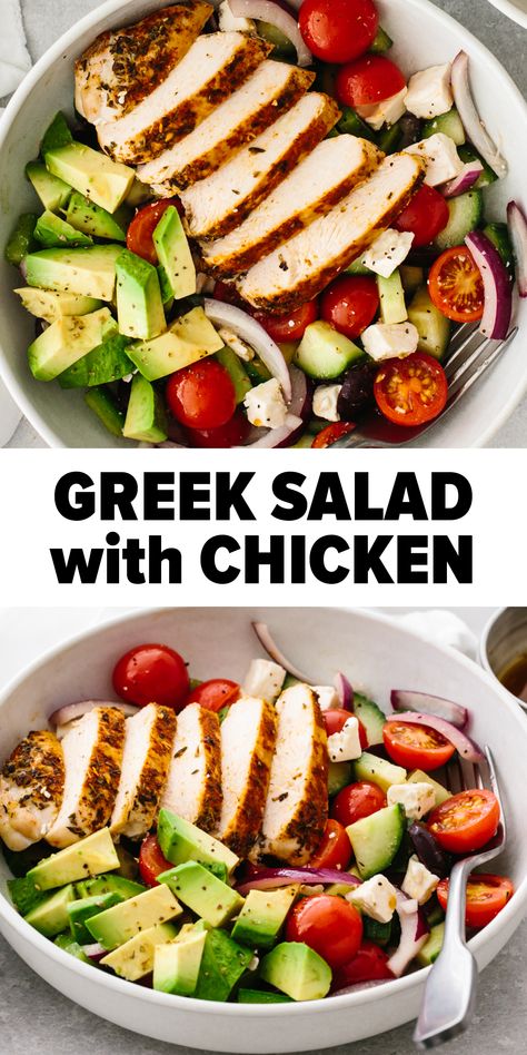 Greek salad with oven baked chicken in a bowl. Meal Prepped Lunches, Greek Salad With Chicken, Light Dinners, Greek Chicken Salad, Salad Dinner, Salad With Chicken, Easy Mediterranean Diet Recipes, Chicken Easy, Salad Toppings