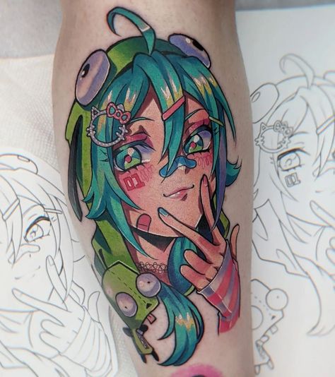 Scenecore Tattoo, Kawaii Anime Tattoo, Miku Tattoo Ideas, Vocaloid Tattoo, Hatsune Miku Tattoo, Miku Tattoo, Scene Tattoos, Scene Tattoo, Colorful Tattoo