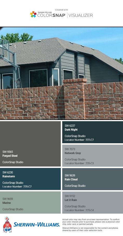 I just created this color palette with the Sherwin-Williams ColorSnap® Visualizer app on my Android phone. What do you think? You can learn more about ColorSnap Visualizer and get it on your phone free by visiting https://www.sherwin-williams.com/content/colorsnap.html. Sherwin Williams Rainstorm Coordinating Colors, Sherwin Williams Rainstorm, Cloud Palette, Cloud Paint, Door Colors, Home Exterior Makeover, Brick Exterior House, Rain Cloud, Exterior Makeover