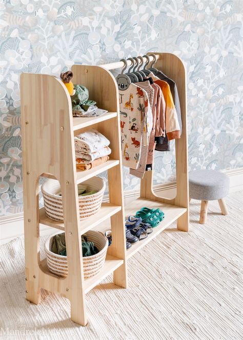 So excited to get this wardrobe for my daughter for Chistmas this year! Diy Montessori Wardrobe, Wooden Clothing Rack, Montessori Wardrobe, Toy Storage Nursery, Kids Clothes Storage, Rack Wardrobe, Dress Up Storage, Kids Clothing Rack, Baby Clothes Storage