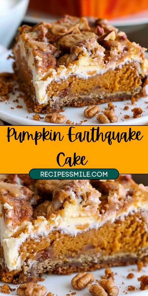 Indulge in the ultimate fall dessert with this Pumpkin Earthquake Cake! Featuring a spiced pumpkin cake base swirled with a creamy cheesecake layer, this stunning treat is perfect for autumn gatherings. Its moist texture, irresistible flavor, and signature "earthquake" cracks will make it the highlight of your dessert table. Pumpkin Cookie Cake, Pumpkin Earthquake Cake, Easy Pumpkin Cake, Pumpkin Spice Cake Recipe, Pumpkin Bundt Cake Recipes, Pumpkin Cake Easy, Dessert For Fall, Desserts Pumpkin, Pumpkin Dessert Recipes