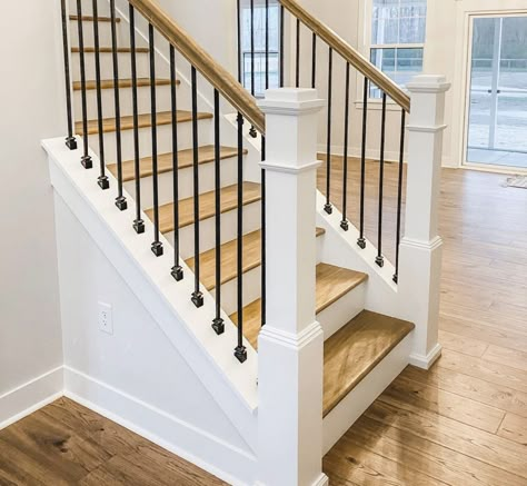 White Wood Stair Railing, Stairs Open On Both Sides, Stairs To Bonus Room, Stairwell Railing Ideas Banisters, L Staircase, White Railing Stairs, Bonus Room Stair Railing, White Staircase With Iron Spindles, Pine Wood Staircase Railing