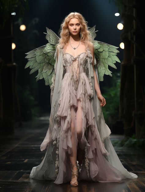 Fairy Inspired Fashion Runway, Fantasy Fairytale Dress, Silk Fairy Dress, Fairy Like Dress, Fantasy Runway Fashion, Greek Ball Gown, Fairy Runway Fashion, Etheral Dresses Aesthetic, Whimsical Green Dress