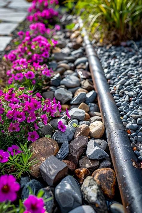 Rocky Charm: Unique Downspout Ideas with Rocks Downspout Runoff Ideas, Downspout Ideas, Gravel Driveway Edging, Decorative Downspouts, Downspout Drainage, Cement Leaves, Splash Blocks, Small Urban Garden, Drainage Solutions