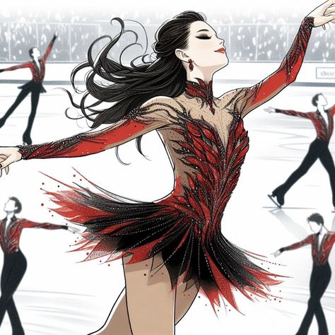 Ice Skaters Outfit, Red And Black Figure Skating Dress, Olympics Outfit Ideas, Figure Skating Dresses Aesthetic, Red Figure Skating Dresses, Figure Skating Dresses Beautiful, Aerial Costume, Figure Skating Competition Dresses, Figure Skating Outfits