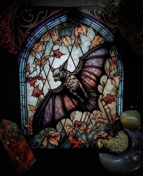 Stained Glass Dark Academia, Bat Stained Glass Art, Bat Stained Glass Patterns, Goth Stained Glass Art, Stained Glass Windows In Homes, Stain Glass Painting, Gothic Stained Glass Windows, Stained Glass Gothic, Stained Glass Wallpaper