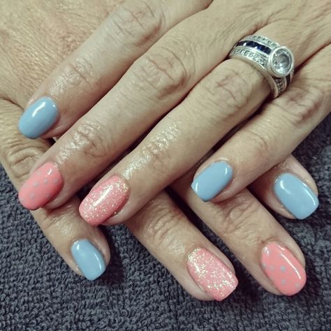 Blue and peach nails with glitter and dots Peach And Blue Nails, Peach Nails With Glitter, 4th Nails, Nails With Glitter, Mani Ideas, Peach Nails, Nail Blue, Blue And Pink, Blue Nails