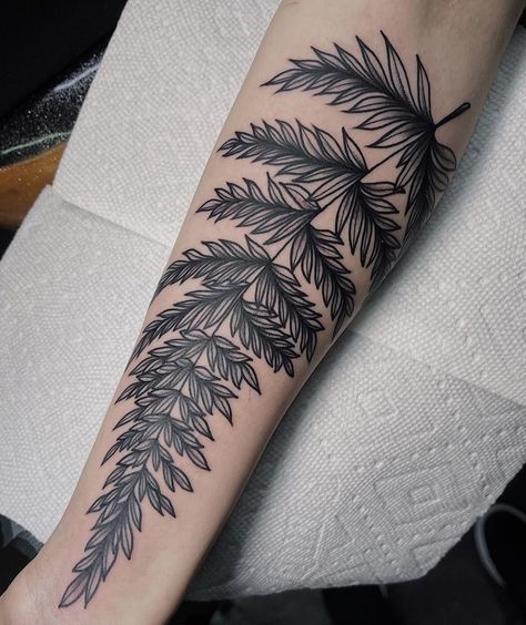 Wrap Around Arm Tattoo Nature, American Traditional Fern Tattoo, Traditional Fern Tattoo, Fern Forearm Tattoo, Fern Tattoo Sleeve, Fern Tattoo Arm, Ink Splotch, Foliage Tattoo, Therapy Tattoo