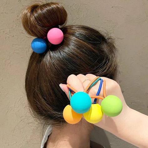 Bubble Ball Hair Ties Hairstyle, Hair Ties With Balls, Hairstyles With Ball Hair Ties, Candy Inspired Outfits, Stretch Hair, Candy Balls, Bead Hair Accessories, Ball Hairstyles, Hair Bobbles