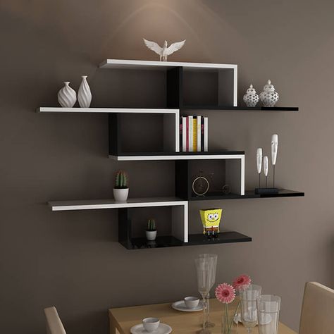 idea-L-shaped-floating-wood-shelf Gelas Wine, Unique Wall Shelves, Wall Shelves Living Room, Modern Wall Shelf, Home Decor Shelves, تصميم للمنزل العصري, Regal Design, Wall Shelf Decor, Wall Shelves Design