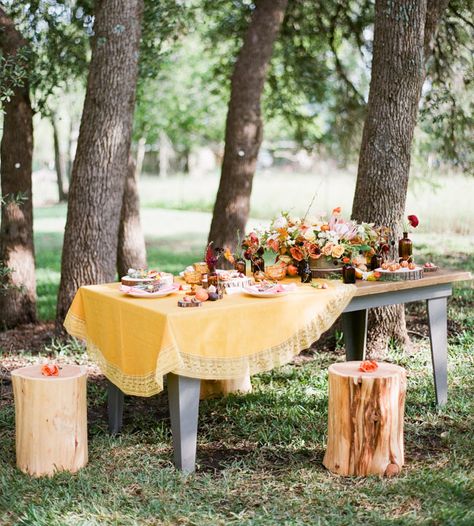 woodland bridal soiree Stump Seating, Yellow Table Cloth, Table Cloth Wedding, Pineapple Centerpiece, Yellow Tablecloth, Wedding Favour Jars, Tablecloth Wedding, Yellow Wedding Theme, Popular Wedding Colors