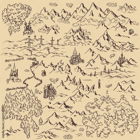 Simple Map Drawing, Fantasy Kingdom Map, Map Art Projects, Fantasy Map Drawing, Map Drawing Ideas, Fantasy Map Drawing Ideas, Map Elements, Kingdom Map, Fantasy Kingdom