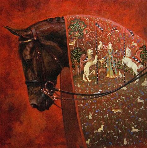 Medieval Unicorn, Unicorn Tapestry, Red Tapestry, Persian Calligraphy Art, Horse Oil Painting, Persian Art Painting, Equine Art, Caravaggio, Classical Art