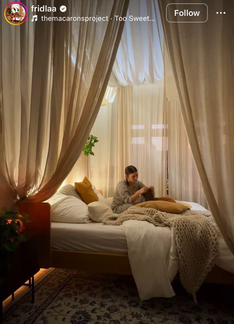 Curtained Off Bedroom, Canopy Bed Room Inspired, Canopy Bed Inspiration, Canopy Bed Studio Apartment, Curtain Bed Canopy, Bed With Curtains Around It, Canopy Bed Modern, Corner Bed Canopy, Curtains Above Bed