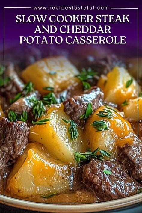 This Slow Cooker Steak and Cheddar Potato Casserole is the ultimate comfort food, combining tender steak, creamy potatoes, and rich cheddar cheese. The slow cooker method makes this dish effortless to prepare, and the result is a hearty, flavorful casserole perfect for a family dinner. Steak And Potato Soup Crockpot, Chessy Potatoes, Steak And Potato Soup, Slow Cooker Steak, Crockpot Steak, Creamy Potatoes, Cubed Steak, Cheddar Potatoes, Tender Steak