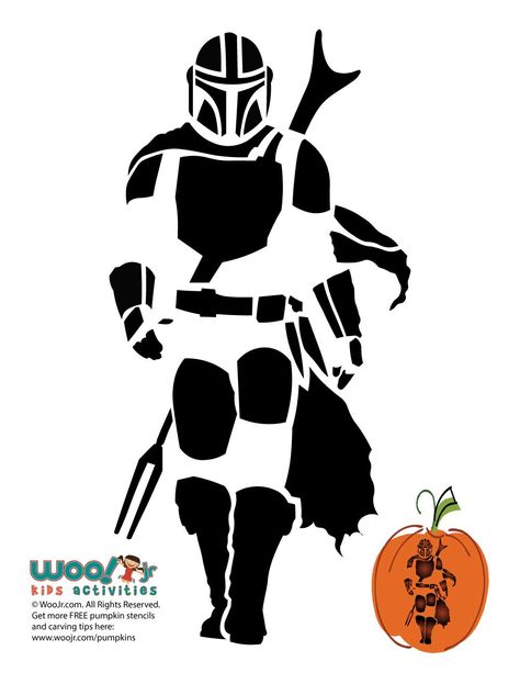 Mandalorian Pumpkin Carving Design | Woo! Jr. Kids Activities Mandalorian Pumpkin Stencil, Starwars Pumpkin Carving Stencils, Mandalorian Stencil, Mandalorian Pumpkin Carving, Mandalorian Pumpkin, Mandalorian Silhouette, Pumpkin Stencil Printable, Star Wars Pumpkin Carving, Darth Vader Pumpkin