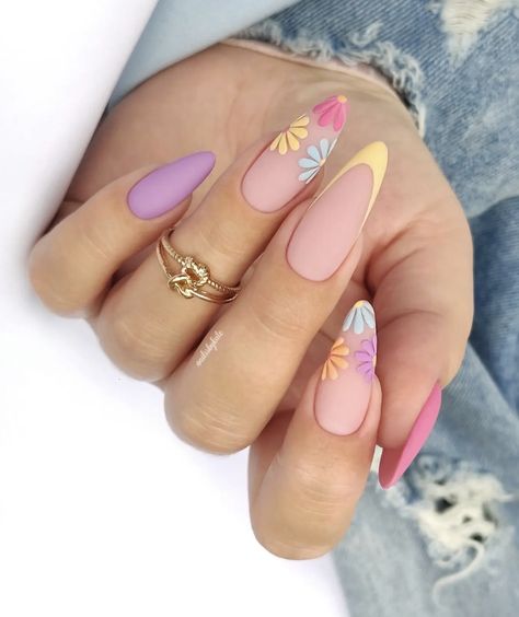 Yellow Nail, Spring Nail Art, Easter Nails, Pastel Nails, Yellow Nails, Purple Nails, Flower Nails, Cute Acrylic Nails, Acrylic Nail Designs