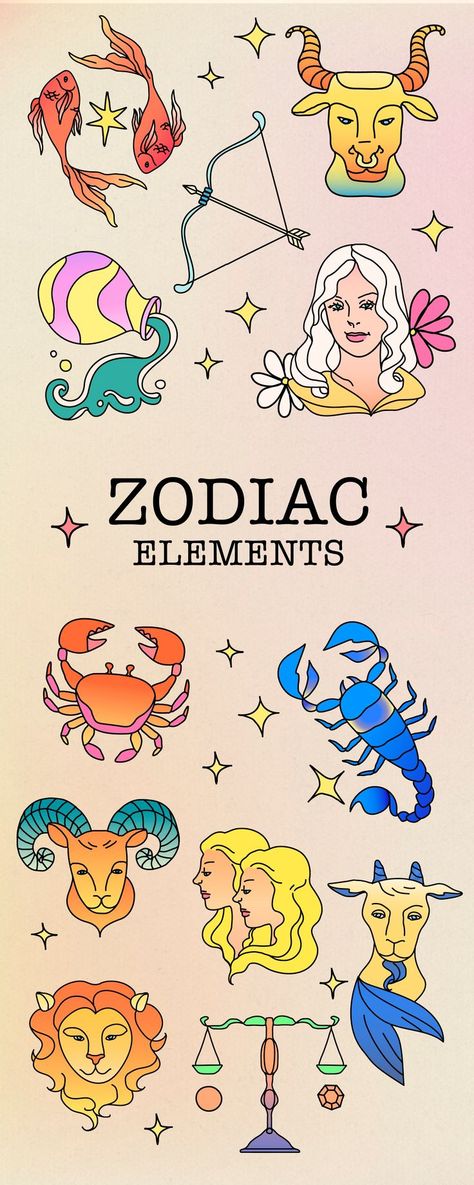 Zodiac Doodles, Zodiac Signs Illustration, Black And White Doodles, Horoscope Elements, Horoscope Illustration, Zodiac Sign Illustration, Pony Gold, Illustration Elements, Zodiac Cards