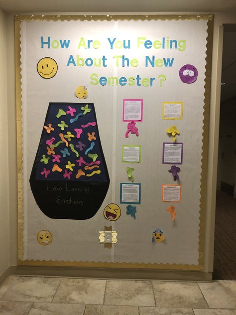 Lava Lamp Bulletin Board, Counseling Bulletin Boards, Ra Bulletins, Funky House, New Semester, Ra Bulletin Boards, Different Emotions, Class Projects, Bulletin Boards