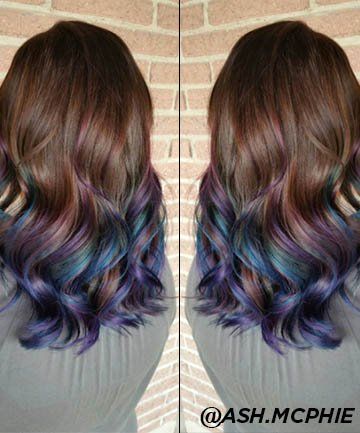 Brunette Fairy, Oil Slick Hair, Slick Hair, Underlights Hair, Pastel Ombre, Rainbow Hair Color, Purple Highlights, Hair Brunette, Fairy Hair