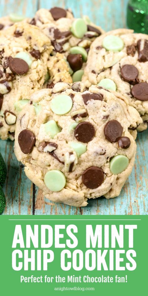 These Andes Mint Chip Cookies, stuffed with chocolate chips And Andes Mint Chips, are perfect for the mint chocolate lover. #stpatricks #cookie #recipe Beginner Baking, Mint Chip Cookies, Cookies Stuffed, Mint Chocolate Chip Cookies, Andes Mint, Mint Cookies, Cookies Chocolate, Save Room, Mint Chocolate Chips